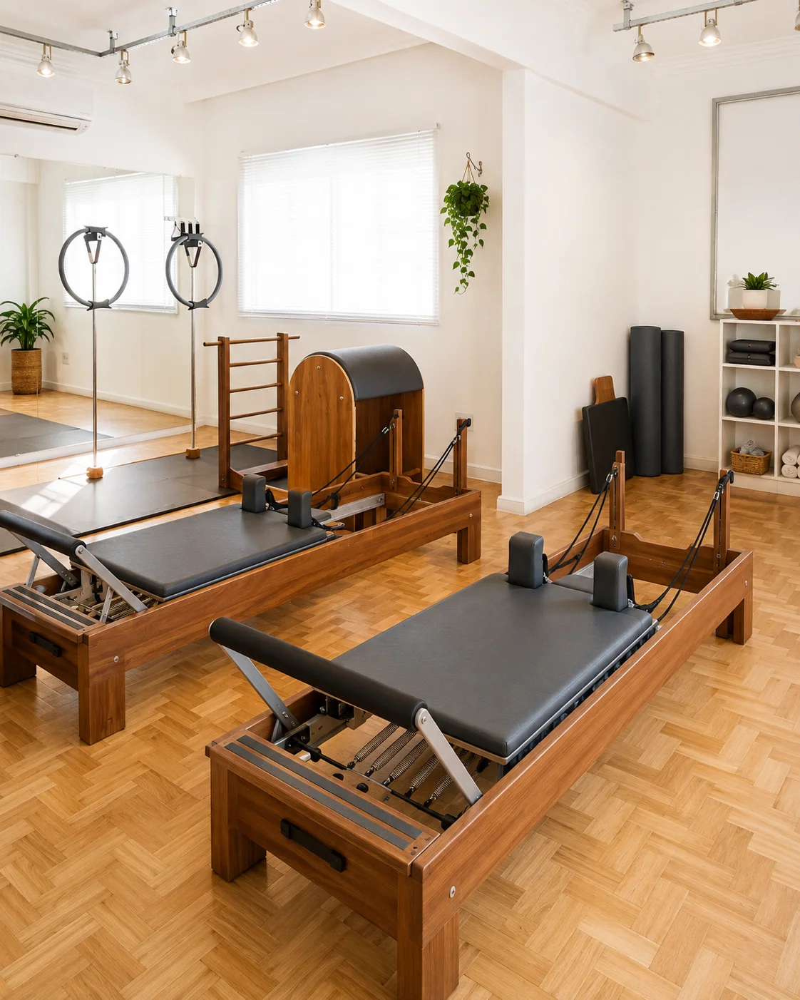 Ambiente com aparelhos de madeira do studio de Pilates